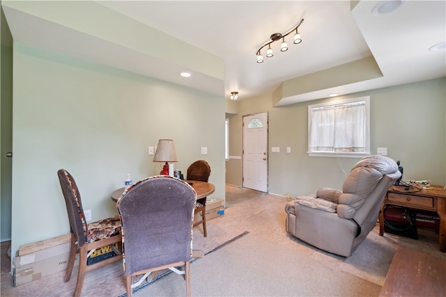 interior space featuring track lighting and light colored carpet