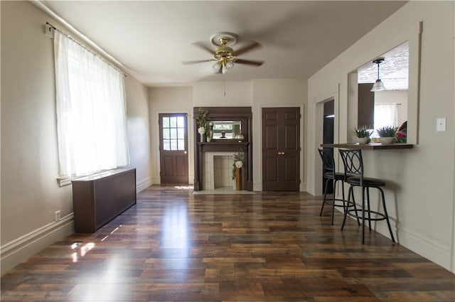 living room featuring ceiling fan, radiator, and hardwood / wood-style flooring