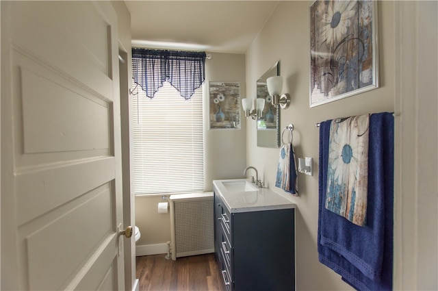 bathroom with radiator, vanity, and wood-type flooring