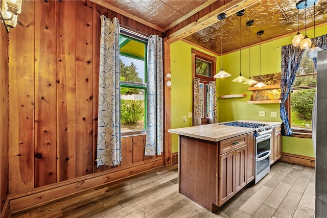 interior space featuring light wood-type flooring, double oven range, and a wealth of natural light