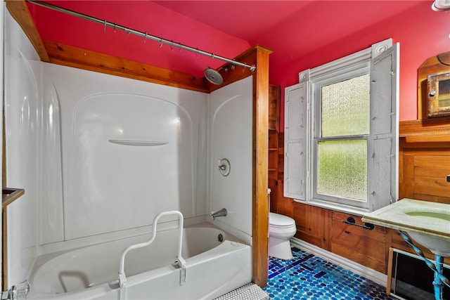 full bathroom with  shower combination, vanity, tile patterned flooring, and toilet