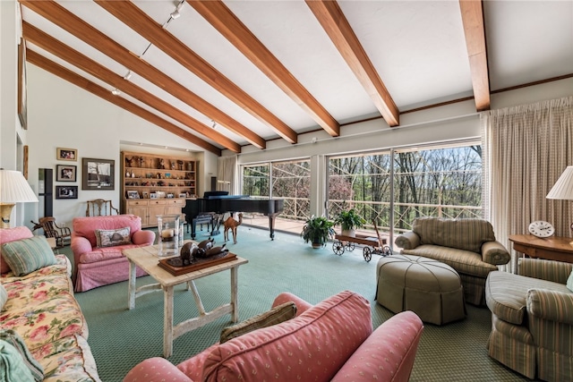 living room with vaulted ceiling with beams and carpet flooring