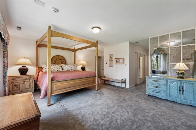 carpeted bedroom featuring ornamental molding