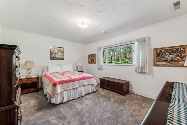 bedroom featuring crown molding and carpet