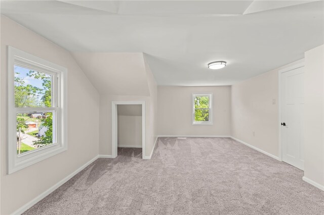 bonus room with vaulted ceiling and light colored carpet