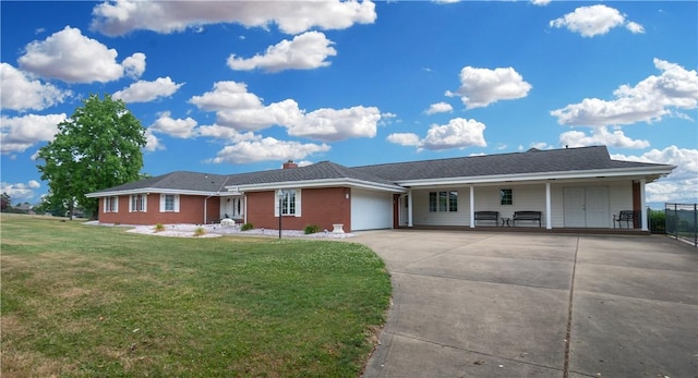 1490 Olde Stable Ln, Moon/Crescent Twp, PA 15108 - ranch-style house with driveway, a front lawn, an attached garage, a chimney, and brick siding