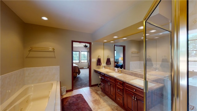 bathroom featuring ceiling fan, vanity, separate shower and tub, and tile patterned flooring