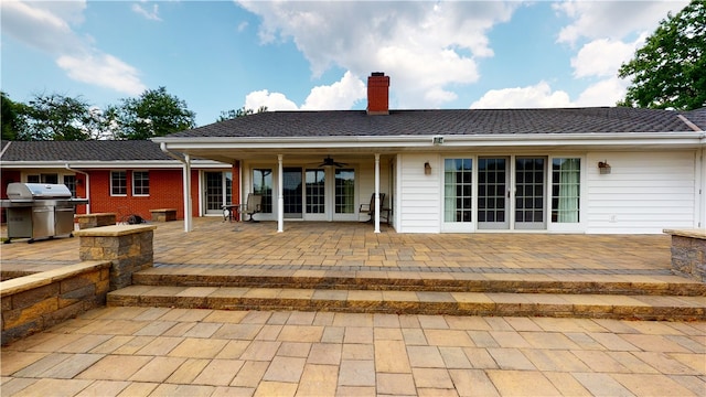 back of house featuring ceiling fan, a patio, and french doors