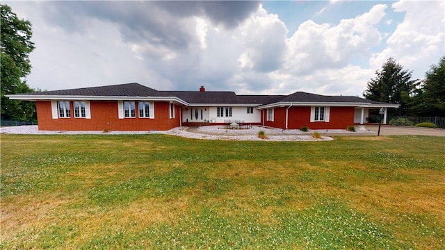 1490 Olde Stable Ln, Moon/Crescent Twp, PA 15108 - ranch-style house with brick siding, a front lawn, a chimney, and driveway