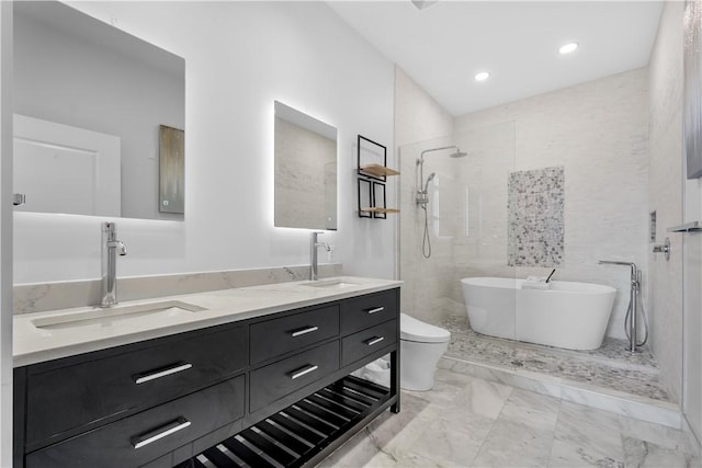 full bathroom with walk in shower, marble finish flooring, double vanity, a freestanding tub, and recessed lighting