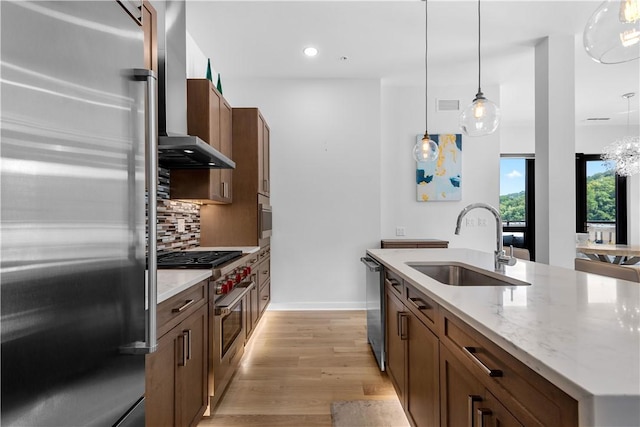 kitchen with high quality appliances, a sink, backsplash, light wood-type flooring, and decorative light fixtures