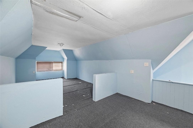 additional living space with dark colored carpet, a textured ceiling, and vaulted ceiling