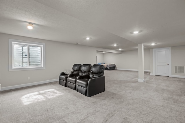 cinema room featuring a textured ceiling and light colored carpet