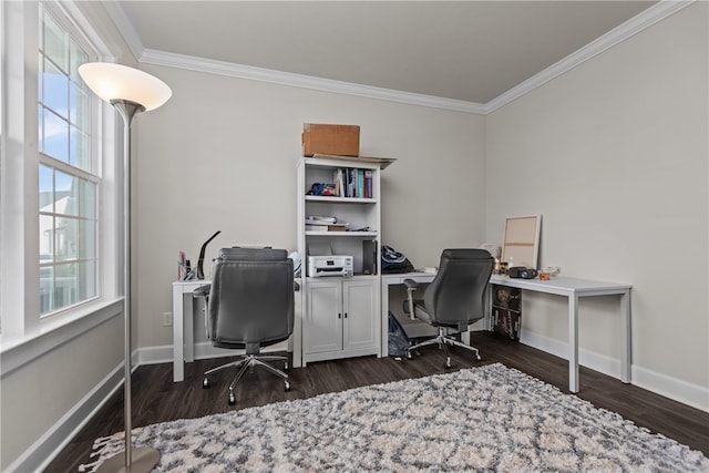 home office featuring ornamental molding and dark wood-type flooring