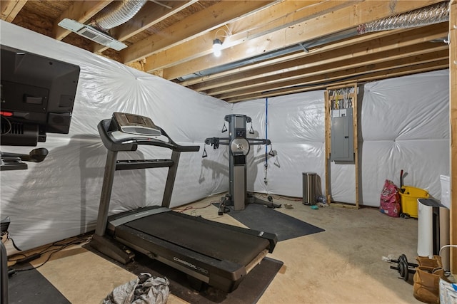 workout room featuring electric panel and concrete floors