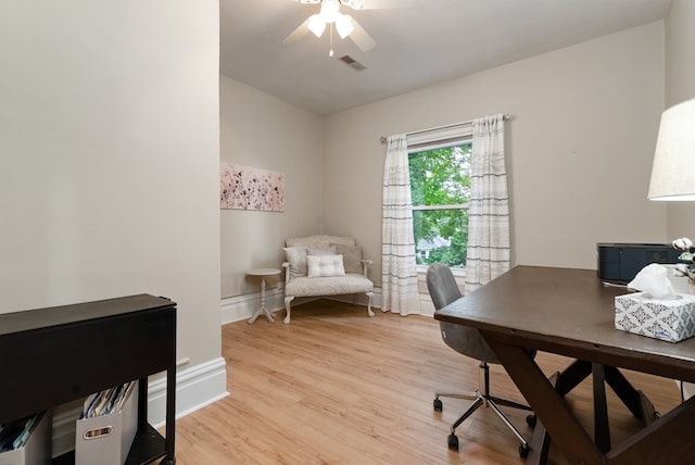 office featuring ceiling fan and light hardwood / wood-style floors