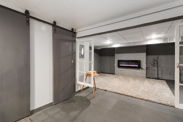 basement featuring a barn door