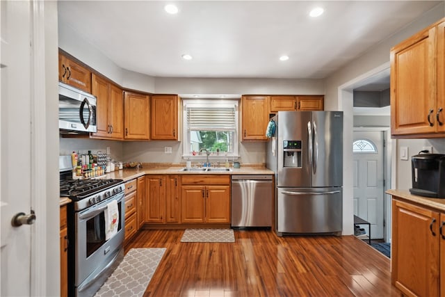 kitchen featuring dark wood-type flooring, stainless steel appliances, and sink