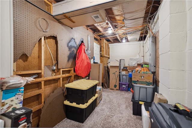 basement featuring electric panel and carpet flooring