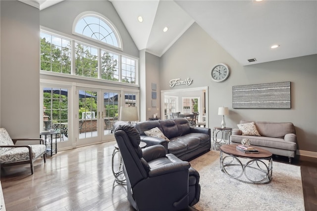 living room featuring high vaulted ceiling, light wood-type flooring, french doors, and a healthy amount of sunlight