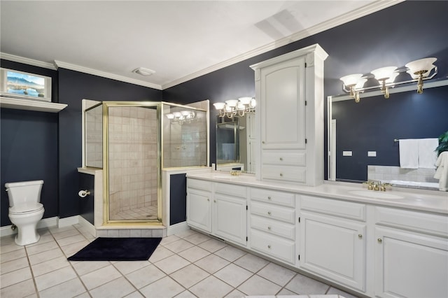 bathroom featuring toilet, walk in shower, tile patterned floors, double vanity, and ornamental molding