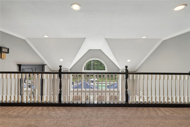 interior space with vaulted ceiling, crown molding, and recessed lighting