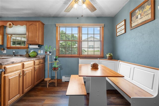 dining space with ceiling fan, sink, baseboard heating, and dark wood-type flooring