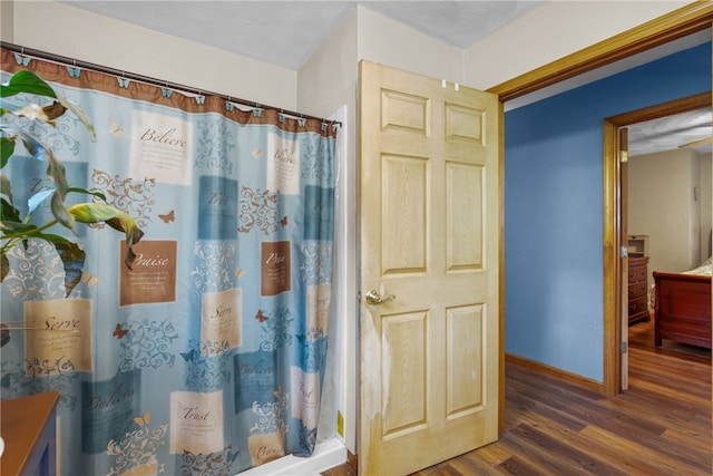 bathroom with wood-type flooring and a shower with curtain