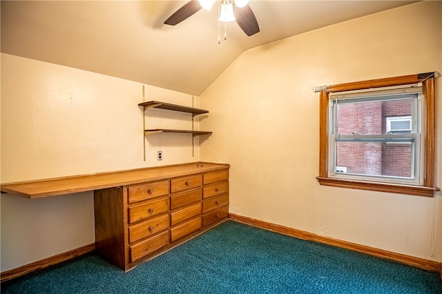 unfurnished bedroom with ceiling fan, lofted ceiling, and carpet floors