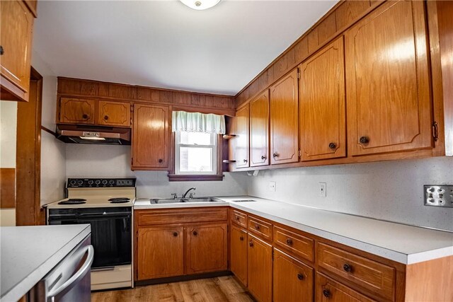 kitchen featuring light hardwood / wood-style flooring, sink, dishwasher, and white electric range