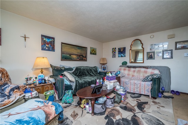 living room with a textured ceiling and carpet flooring