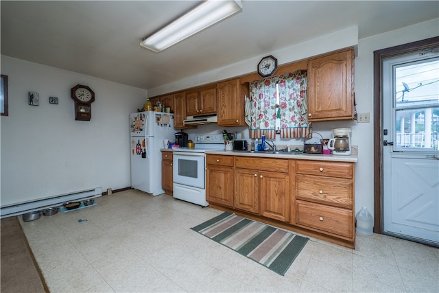 kitchen with a baseboard radiator, sink, white appliances, and light tile patterned floors