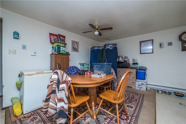 carpeted dining room with ceiling fan and a baseboard radiator