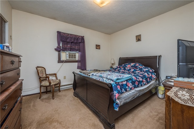 carpeted bedroom with cooling unit and a textured ceiling