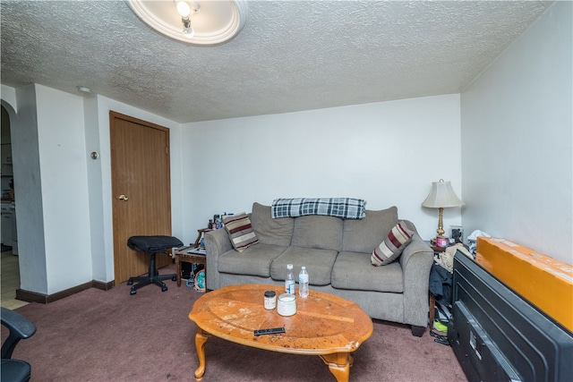 living room featuring a textured ceiling and carpet floors