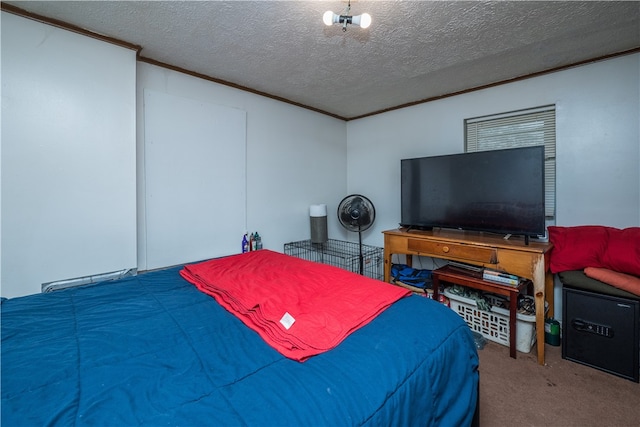 carpeted bedroom with a textured ceiling