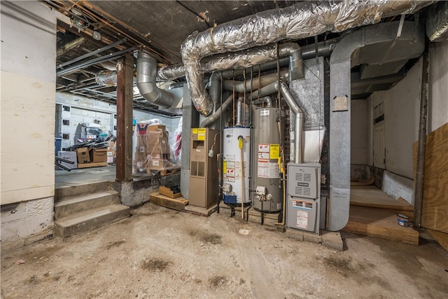 basement with gas water heater and heating unit