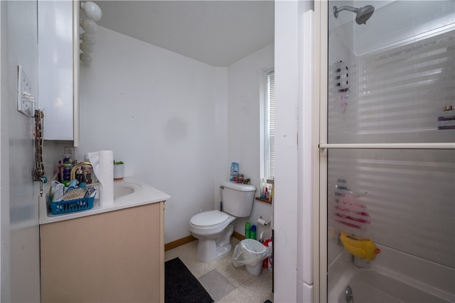 full bathroom with shower / bath combination, vanity, tile patterned flooring, and toilet