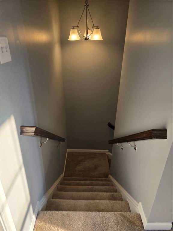 stairs featuring carpet flooring