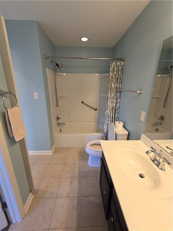 full bathroom featuring shower / bath combo, toilet, tile patterned floors, and vanity