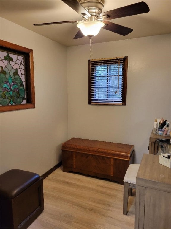 interior space featuring light wood-type flooring and ceiling fan