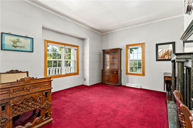 living area featuring ornamental molding, plenty of natural light, and carpet