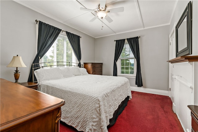 bedroom with carpet, crown molding, and ceiling fan