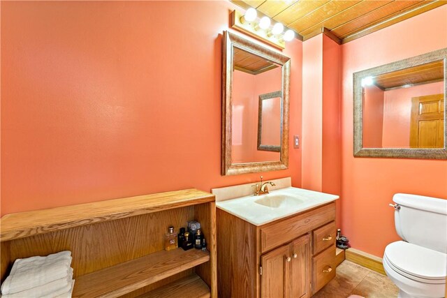 bathroom with tile patterned floors, vanity, wood ceiling, and toilet