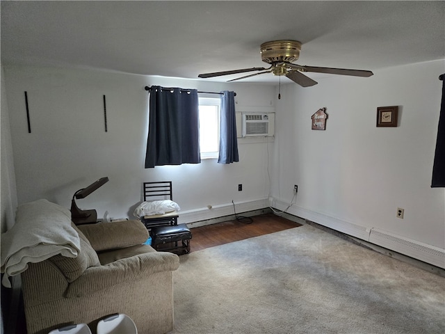 unfurnished room featuring ceiling fan, a wall mounted air conditioner, and dark hardwood / wood-style floors