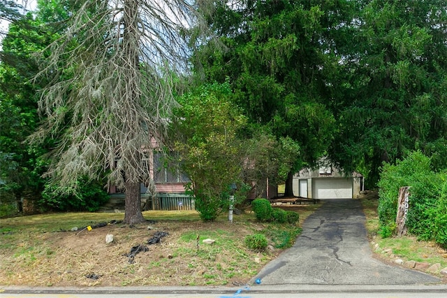 view of property hidden behind natural elements featuring a garage