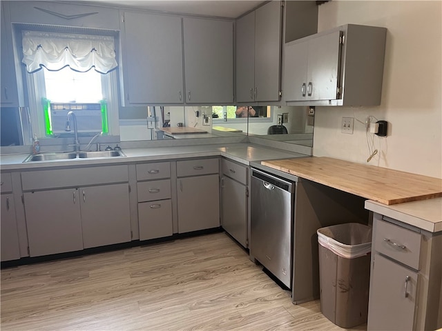 kitchen with gray cabinetry, sink, dishwasher, and a healthy amount of sunlight