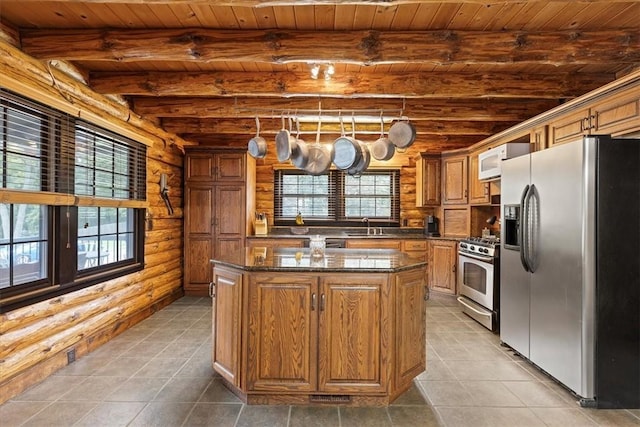 kitchen featuring wooden ceiling, log walls, beamed ceiling, a kitchen island, and stainless steel appliances