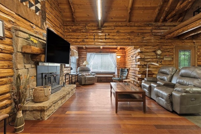 living room with beam ceiling, log walls, wooden ceiling, dark hardwood / wood-style flooring, and a fireplace