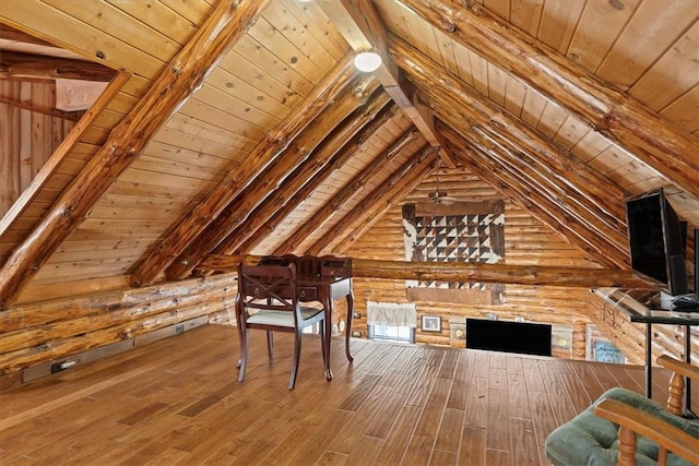 interior space with lofted ceiling with beams, wood-type flooring, rustic walls, and wooden ceiling